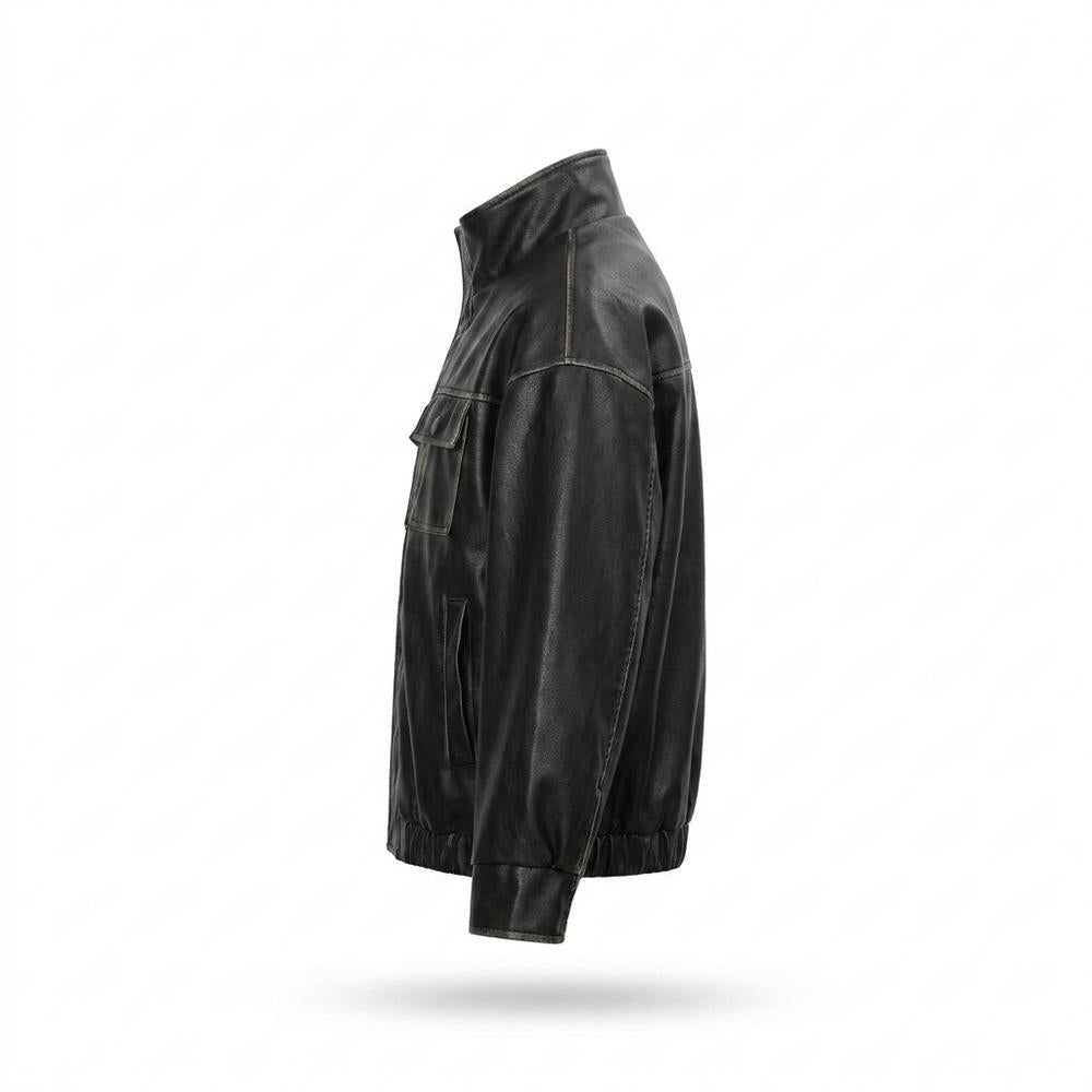 Mens Outlet House - Nolev | High-Collar Washed-Look Leather Jacket Unisex