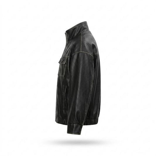 Mens Outlet House - Nolev | High-Collar Washed-Look Leather Jacket Unisex