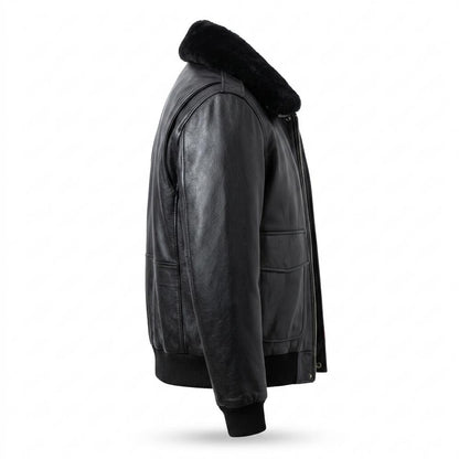 Mens Outlet House - Satir | Fur-Collar Slim-Fit Leather Jacket Men