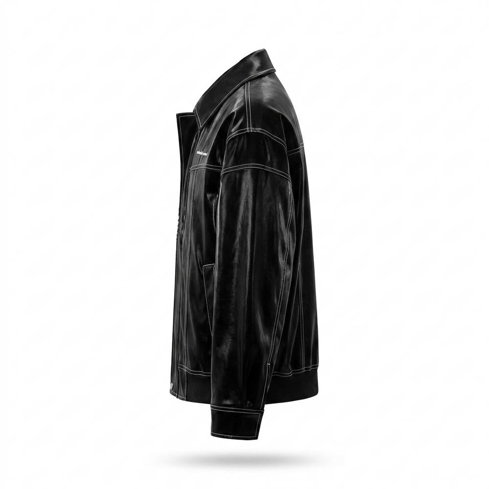 Mens Outlet House - Lyken | High-Shine Contrast-Stitched Leather Jacket Unisex