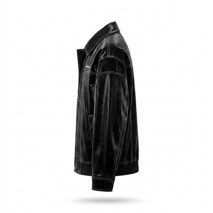 Mens Outlet House - Lyken | High-Shine Contrast-Stitched Leather Jacket Unisex