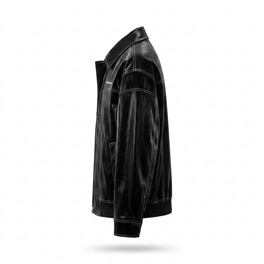 Mens Outlet House - Lyken | High-Shine Contrast-Stitched Leather Jacket Unisex