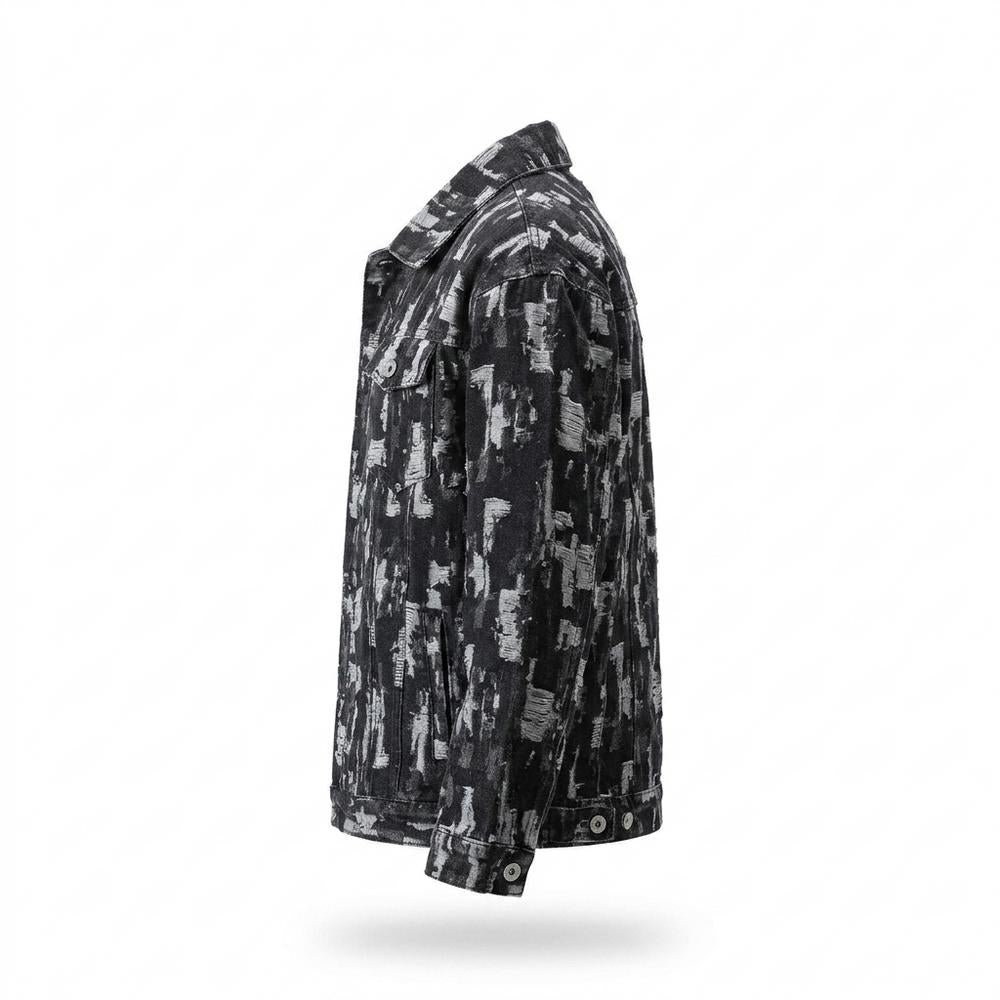 Mens Outlet House - Taran | Patterned Distressed Denim Jacket Men