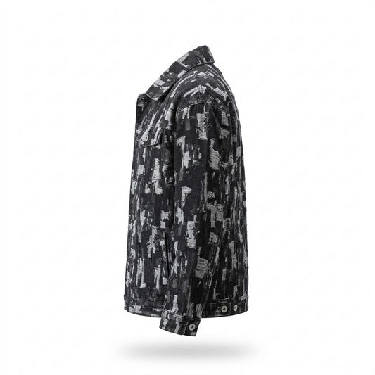 Mens Outlet House - Taran | Patterned Distressed Denim Jacket Men