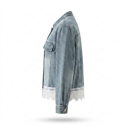 Mens Outlet House - Lavin | Collarless Lace-Trimmed Denim Jacket Women