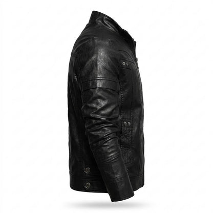 Mens Outlet House - Vezan | Zip-Up Stand-Collar Leather Jacket Men
