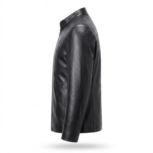 Mens Outlet House - Yolan | Zip-Up Band-Collar Leather Jacket Men