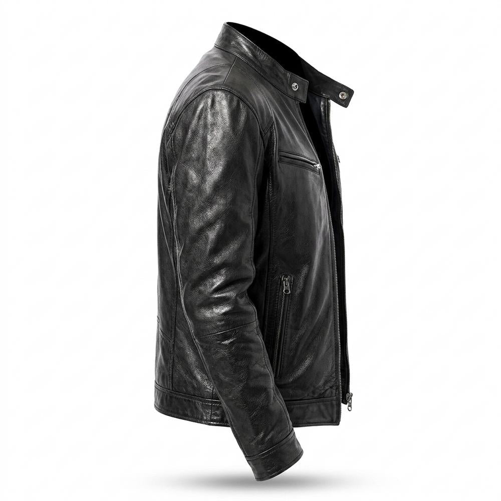 Mens Outlet House - Raser | Zippered Stand-Collar Leather Jacket Men